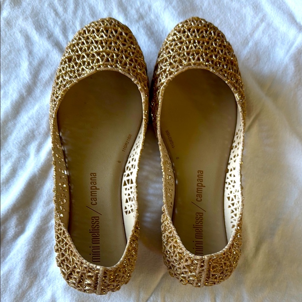EUC Mini Melissa Campana Gold Glitter girls Shoes sz 1